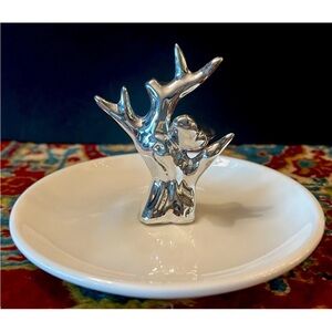 Silver Bird Ring Holder Jewelry Trinket Dish Decor White Ceramic 6x6x3.75 NWOT